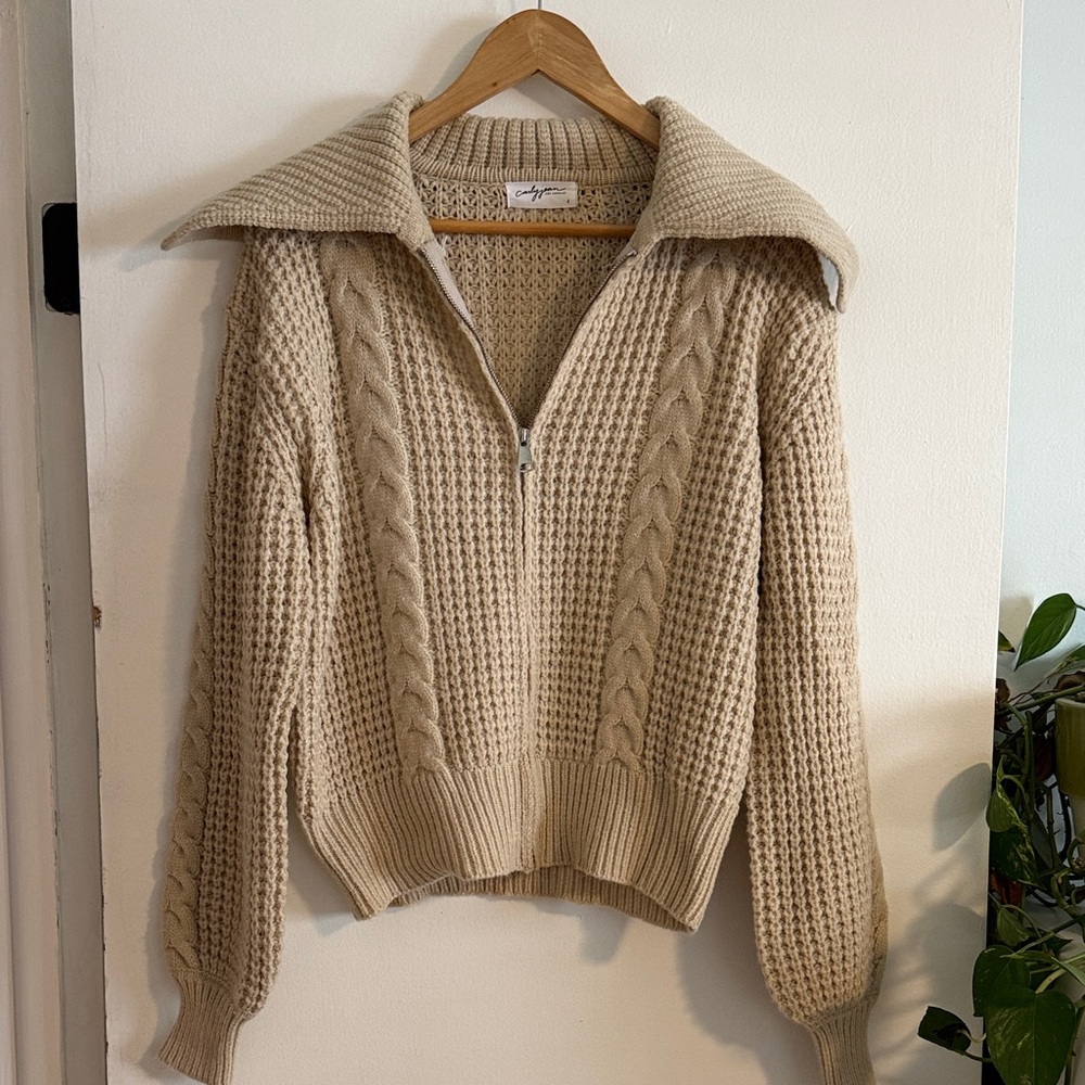 Carly Jean Los Angeles Cream Cable Knit Zip Sweater